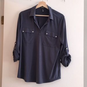 Jones NY Popover Top with Collar, Roll Up Sleeves